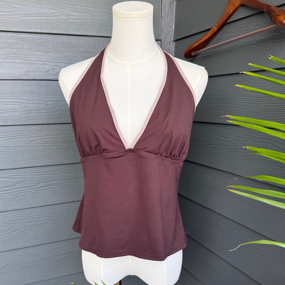 Jantzen Brown Halter Tankini Swim Top Size 14 Contrast Trim Built In Bra Y2K